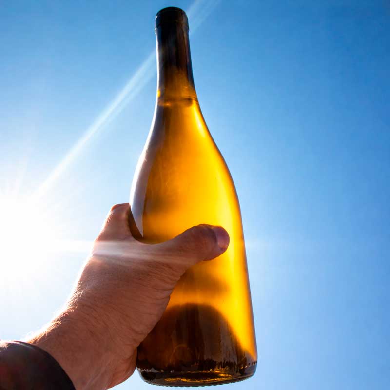 Botella de vino blanco contra el cielo