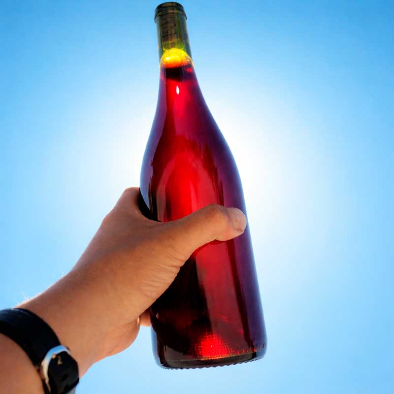 Botella de vino tinto contra el cielo
