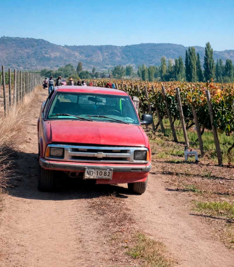 Camioneta en el viñedo durante la cosecha